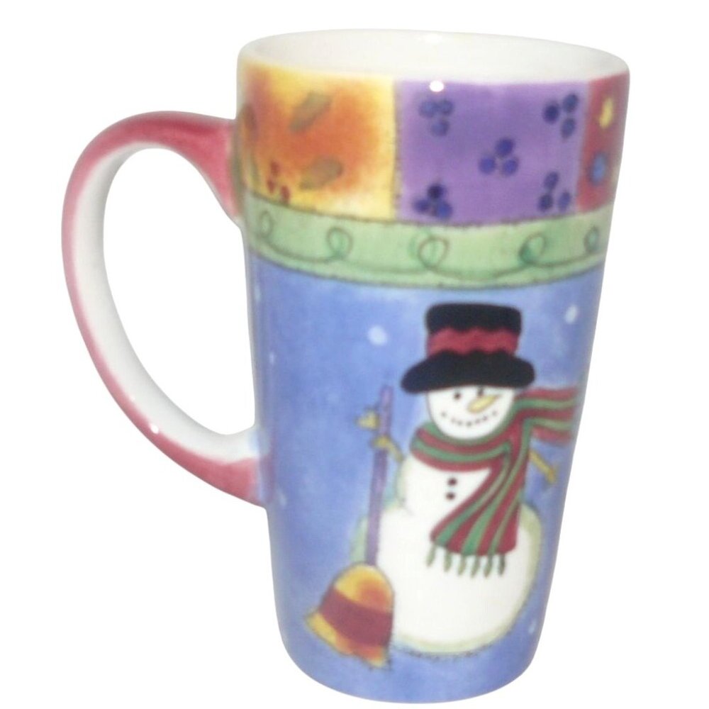 Holiday Snowman Ceramic Coffee Tea Mug w Festive Design & Red Handle 12 Oz